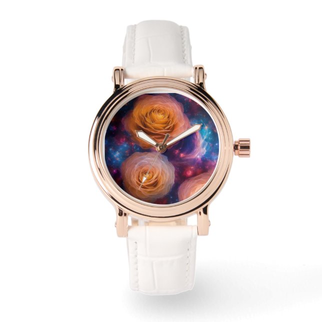 roos gouden  witte band wow mode 85 merk horloge (Voorkant)