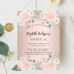 Roos gouden witte bloemstukken Sweet 16 Kaart<br><div class="desc">Een moderne,  stijlvolle en glamoureuze uitnodiging voor een Sweet 16,  16th verjaardagsfeestje. Een rozen gouden achtergrond met blush roze bloemetjes,  rozen. De naam is geschreven met een modern handschrift. Personaliseer en voeg uw feestdetails toe.</div>