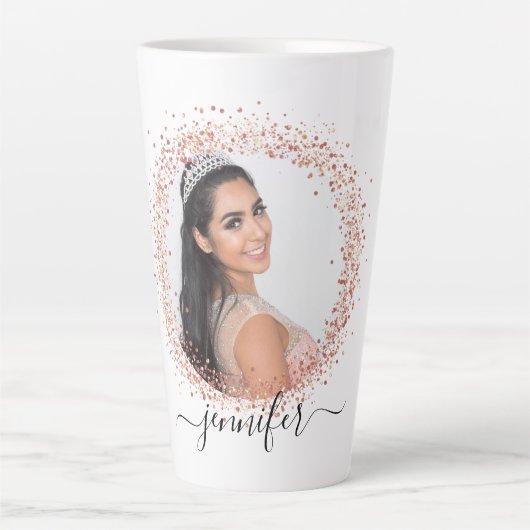 Roos gouden witte foto glitter-naamscript latte mok (Voorkant)