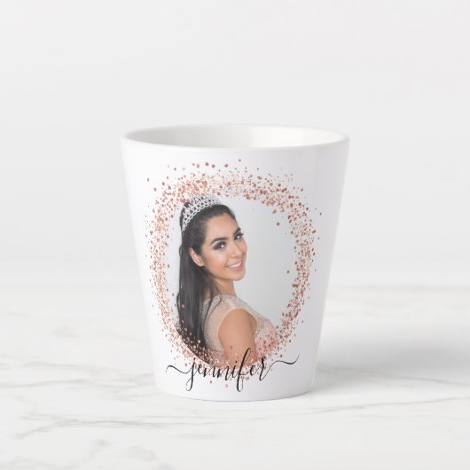 Roos gouden witte foto glitter-naamscript latte mok (Voorkant)
