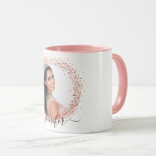 Roos gouden witte foto glitter-naamscript mok (Voorkant rechts)