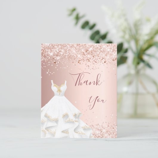 Roos gouden witte jurk dank u kaart (Staand voorkant)