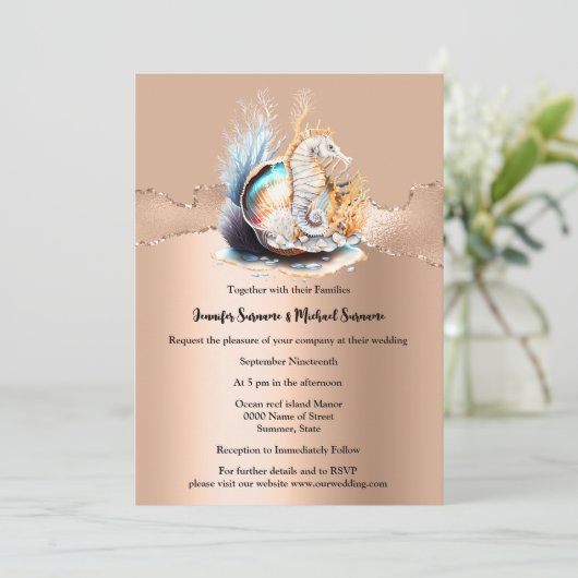 Roos gouden zeepaardshimmer iriserende schelp kora kaart (Staand voorkant)