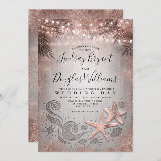 Roos gouden zeester paar tropische strand bruiloft kaart (Voorkant / Achterkant)