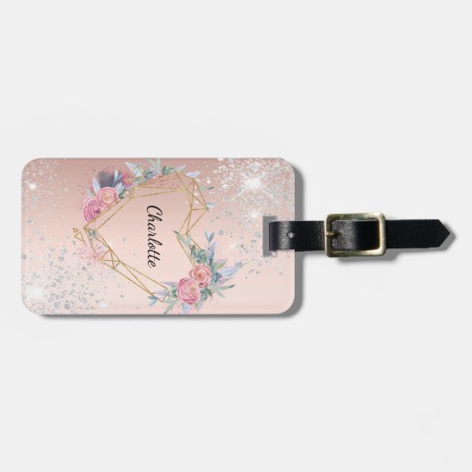 Roos gouden zilveren bloemennaam bagagelabel (Voorkant horizontaal)