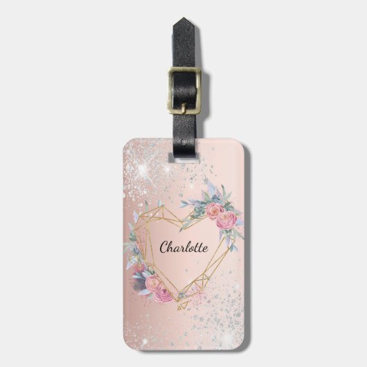 Roos gouden zilveren bloemennaam bagagelabel (Voorkant verticaal)