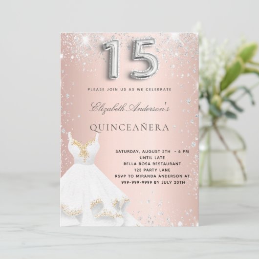 Roos gouden zilveren jurk Quinceanera Kaart (Staand voorkant)