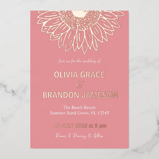 Roos Gouden Zonnebloem Modern Bloemen Bruiloft Folie Uitnodiging (Voorkant)