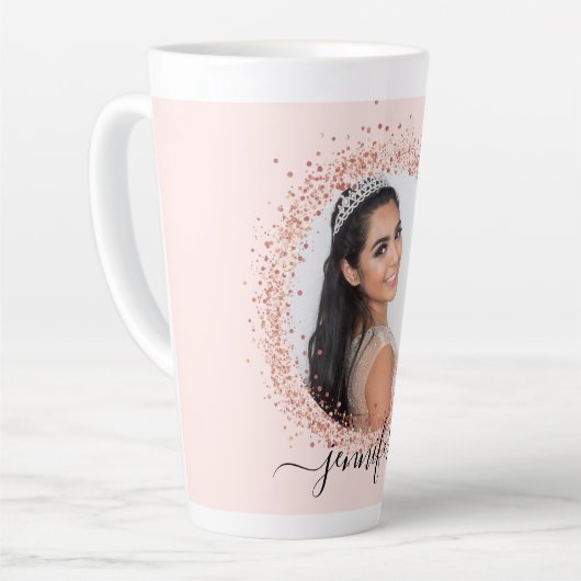 Roos gouden zwarte fotonaamscript latte mok (Linkerhoek)