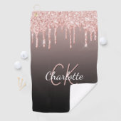 Roos gouden zwarte glitter druppelt monogram naam golfhanddoek (Insitu)