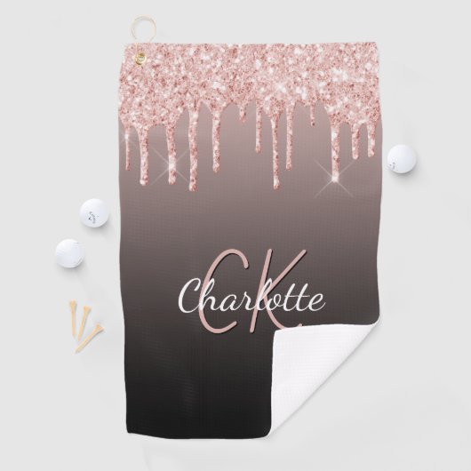 Roos gouden zwarte glitter druppelt monogram naam golfhanddoek (Insitu)
