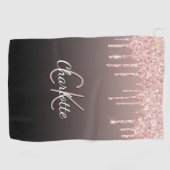 Roos gouden zwarte glitter druppelt monogram naam golfhanddoek (Horizontaal)