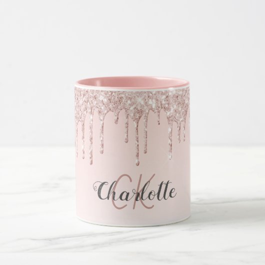Roos gouden zwarte glitter monogram initiaal scrip mok (Midden)