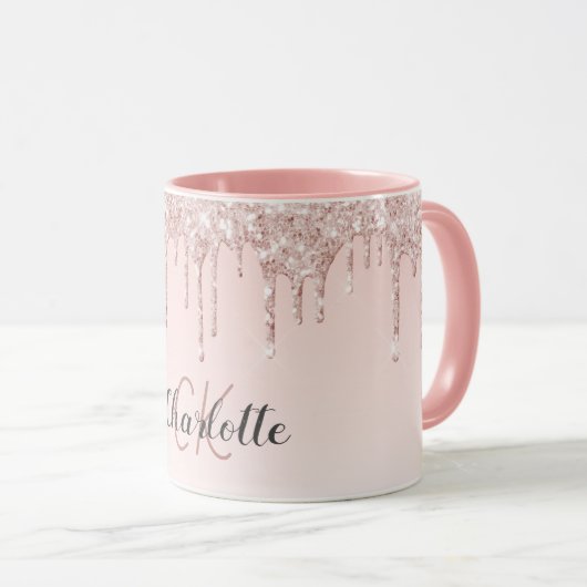 Roos gouden zwarte glitter monogram initiaal scrip mok (Voorkant rechts)