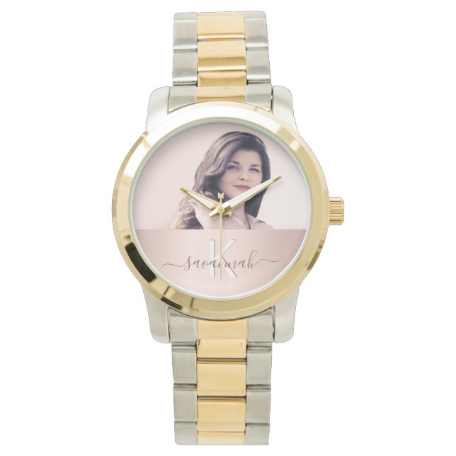 Roos gouden zwarte monogram foto horloge (Voorkant)