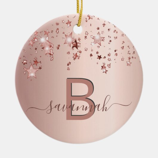 Roos gouden zwarte monogram sterren keramisch ornament (Voorkant)