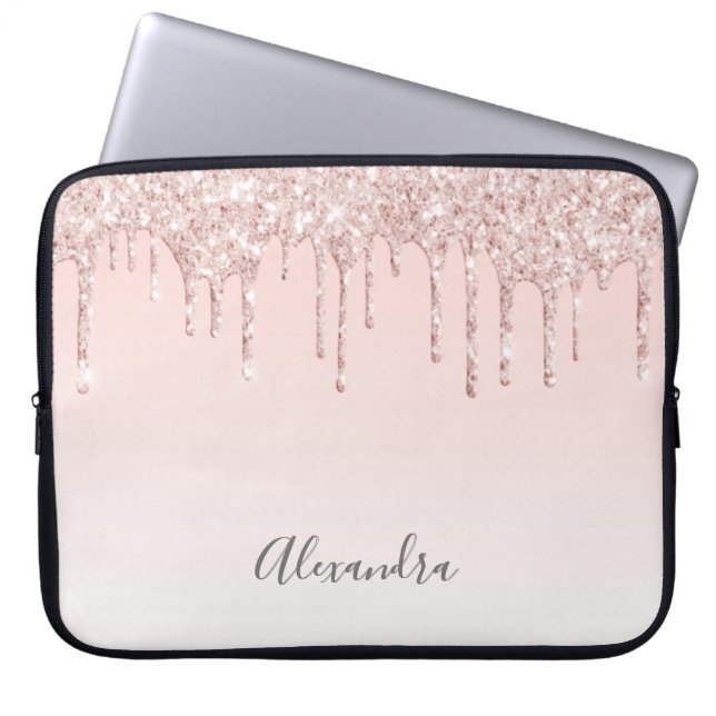 Roos gouden zwarte roze druppels naamscript laptop sleeve (Voorkant)
