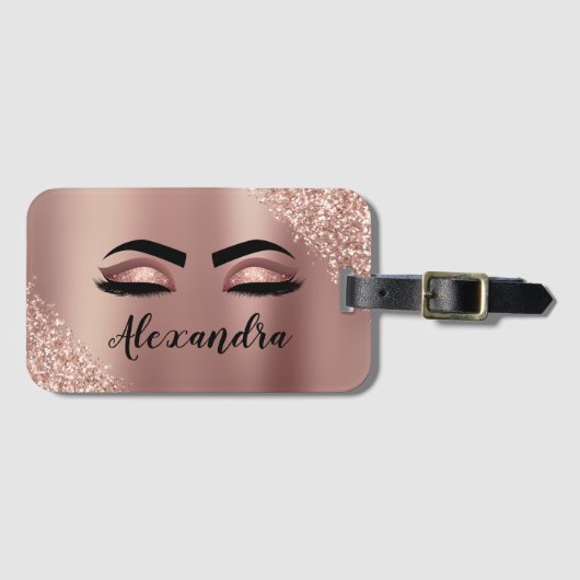 Roos gouden zwarte roze monogram Glitter Eyelashes Bagagelabel (Voorkant (horizontaal))
