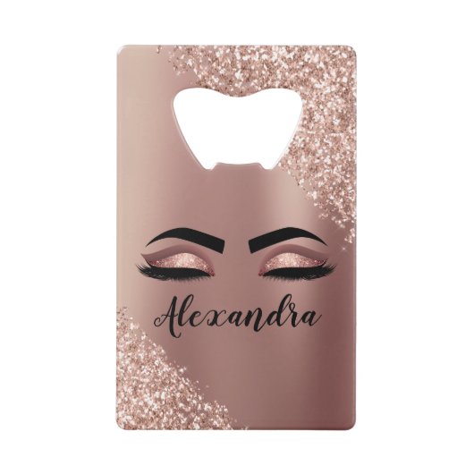 Roos gouden zwarte roze monogram Glitter Eyelashes Creditkaart Flessenopener (Voorkant)