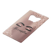 Roos gouden zwarte roze monogram Glitter Eyelashes Creditkaart Flessenopener (Voorkant Gekanteld)
