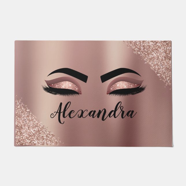 Roos gouden zwarte roze monogram Glitter Eyelashes Deurmat (Voorkant)
