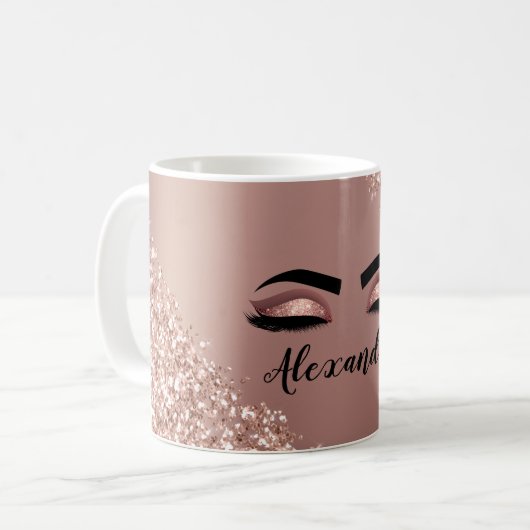Roos gouden zwarte roze monogram Glitter Eyelashes Koffiemok (Voorkant links)