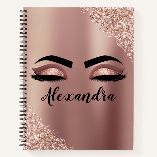 Roos gouden zwarte roze monogram Glitter Eyelashes Notitieboek (Voorkant)
