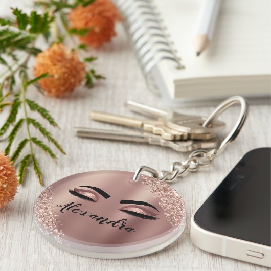 Roos gouden zwarte roze monogram Glitter Eyelashes Sleutelhanger (Voorkant Rechts)