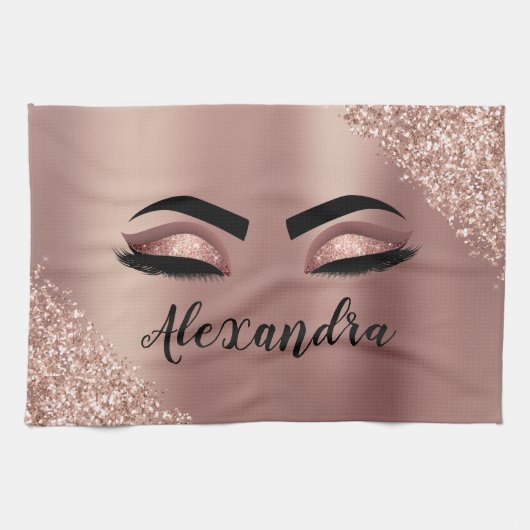 Roos gouden zwarte roze monogram Glitter Eyelashes Theedoek (Horizontaal)
