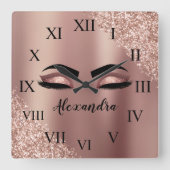 Roos gouden zwarte roze monogram Glitter Eyelashes Vierkante Klok (Voorkant)