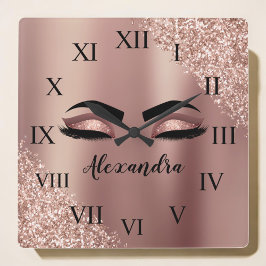 Roos gouden zwarte roze monogram Glitter Eyelashes Vierkante Klok