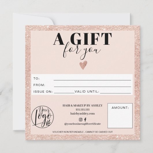 Roos gouden zwarte roze vierkant cadeaubon logo (Voorkant)