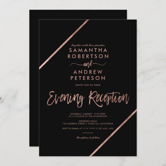 Roos gouden zwarte typografie avond bruiloft kaart (Voorkant / Achterkant)