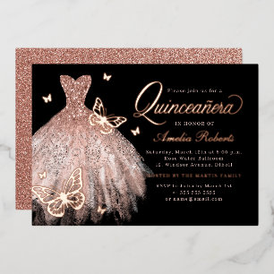 Roos Gouden Zwarte Vlinderjurk Quinceanera Folie Uitnodiging