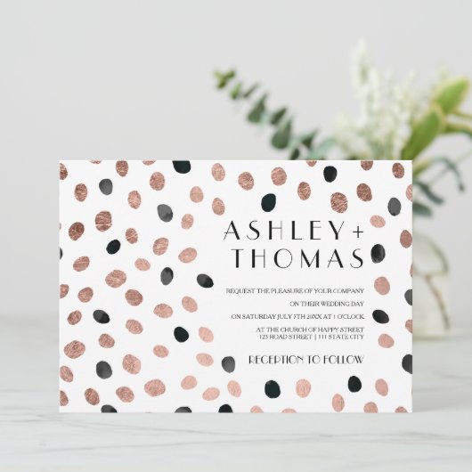 Roos gouden zwarte waterverf stippen bruiloft kaart (Staand voorkant)