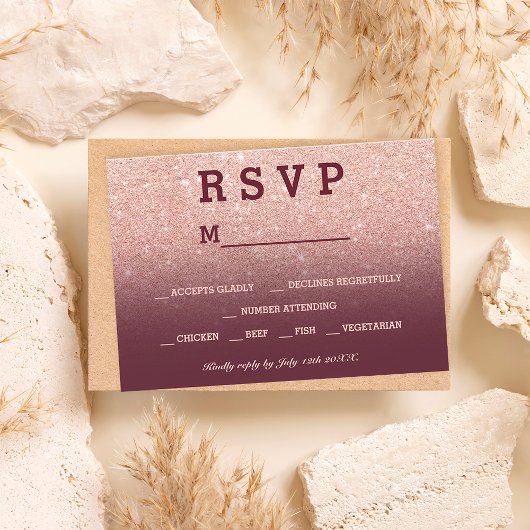Roos goudfaux glitter burgundy ombre RSVP bruiloft