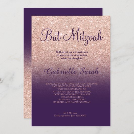 Roos goudfaux glitter paarse ombre Bat Mitzvah Kaart (Voorkant / Achterkant)
