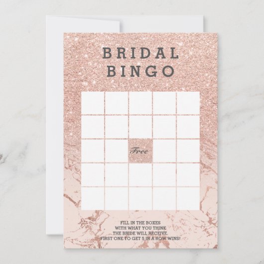 Roos goudfaux glitter roze bridale marmer bingo kaart (Voorkant)