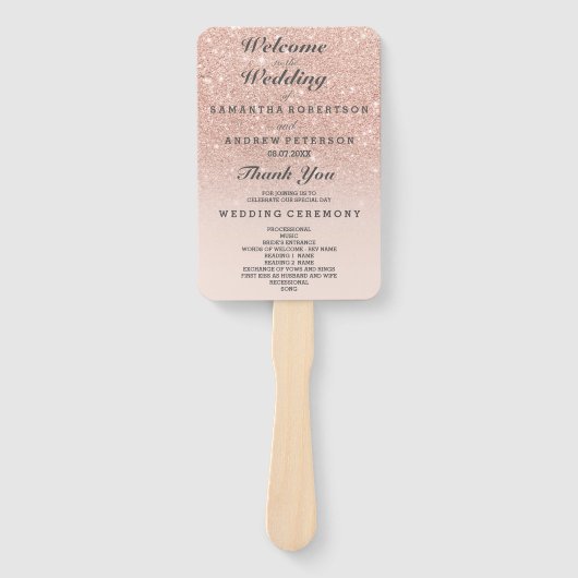 Roos goudfaux glitter roze ombre bruiloft handwaaier (Voorkant)