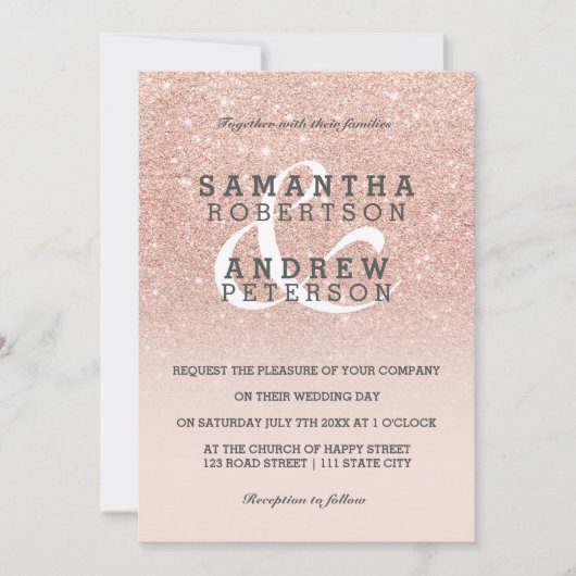 Roos goudfaux glitter roze ombre bruiloft kaart (Voorkant)