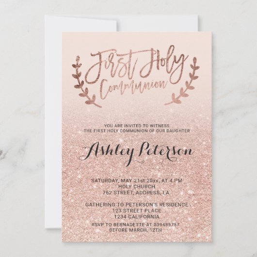 Roos goudfaux glitter roze ombre first communiqué kaart (Voorkant)