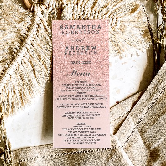 Roos goudfaux glitter roze ombre trouwmenu menu