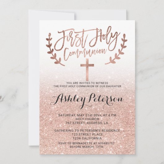 Roos goudfaux glitter white ombre first communie kaart (Voorkant)