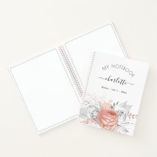Roos goudfloral Silver-folienaamscript Notitieboek (Binnen)