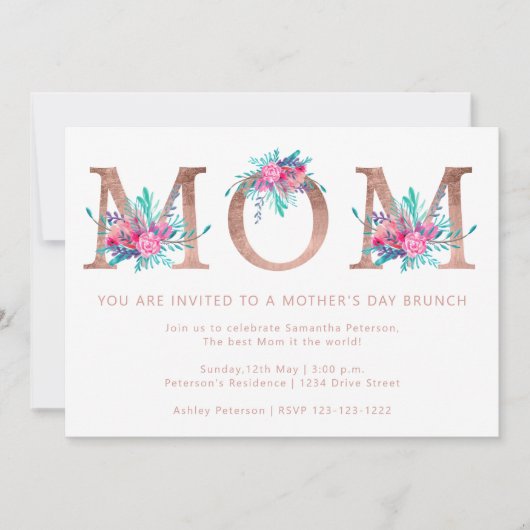 Roos goudflorale brief Mam wazig roze moederdag Kaart (Voorkant)