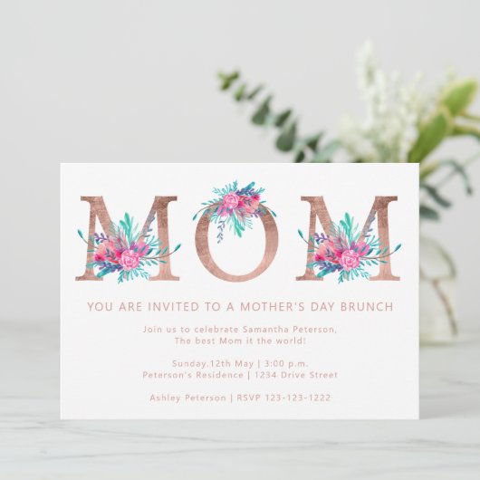 Roos goudflorale brief Mam wazig roze moederdag Kaart (Staand voorkant)