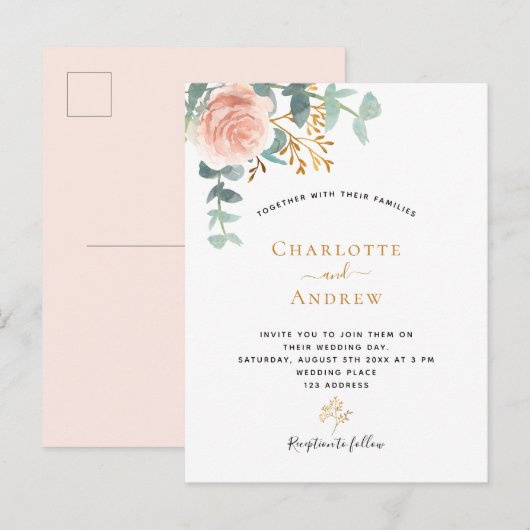 Roos goudflorale eucalyptusbruinroze bruiloft briefkaart (Voorkant / Achterkant)