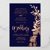 Roos goudflorale marineblauwe bruiloft folie uitnodiging (Voorkant)