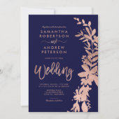 Roos goudflorale marineblauwe bruiloft kaart (Voorkant)