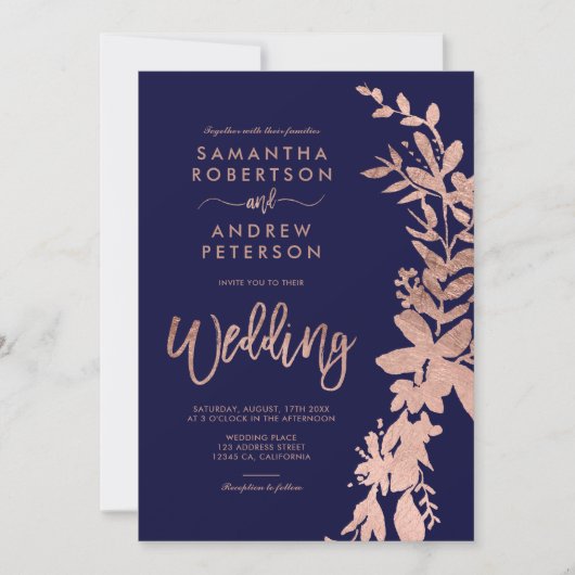 Roos goudflorale marineblauwe bruiloft kaart (Voorkant)